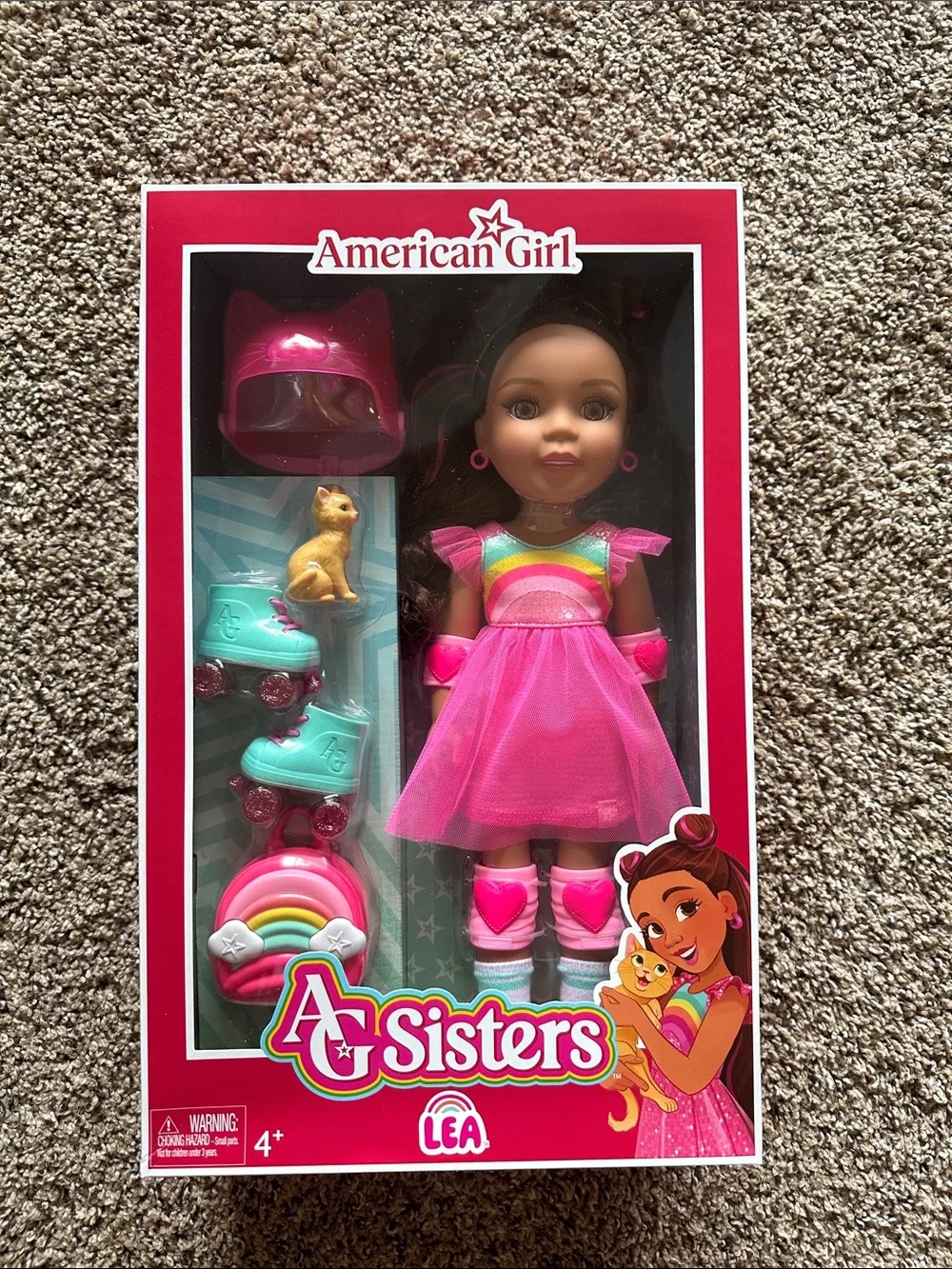 American Girl Lea Doll in Pink Rainbow Outfit with Teal Skates